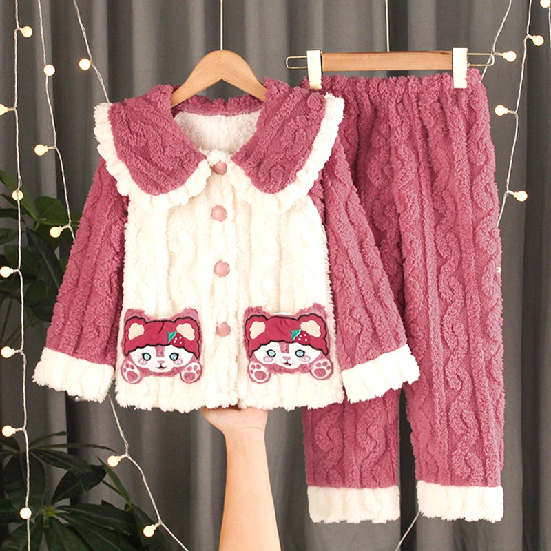 儿童睡衣女童珊瑚绒加绒保暖法兰绒秋冬季女孩宝宝大童家居服套装