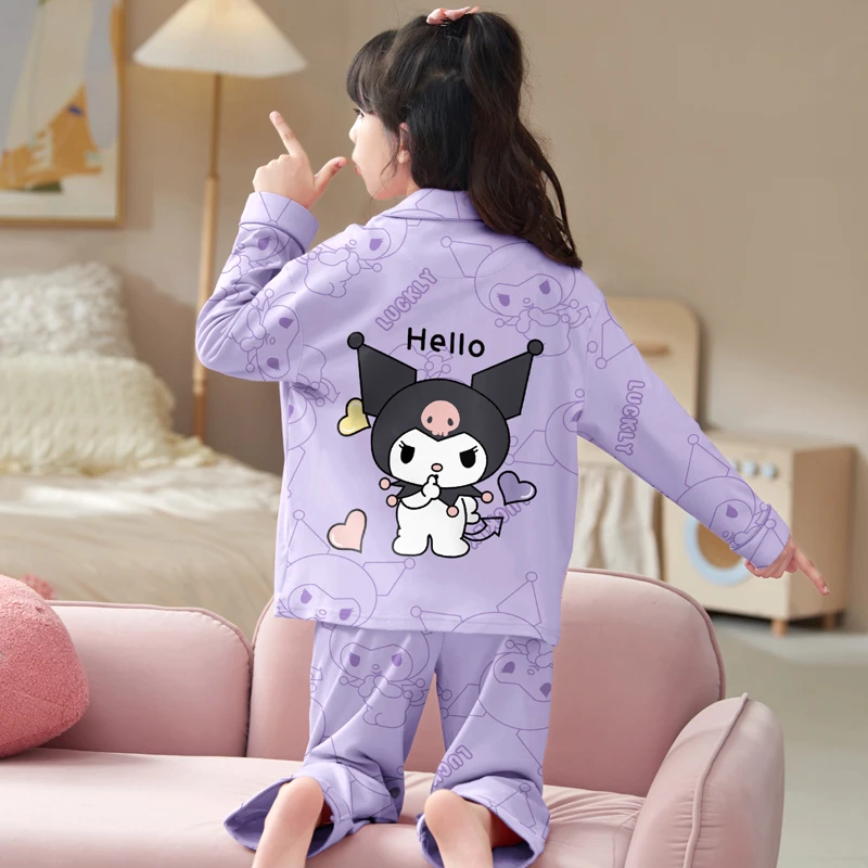 春秋款女童时尚公主长袖翻领开衫中大童睡衣棉质薄款儿童家居服夏