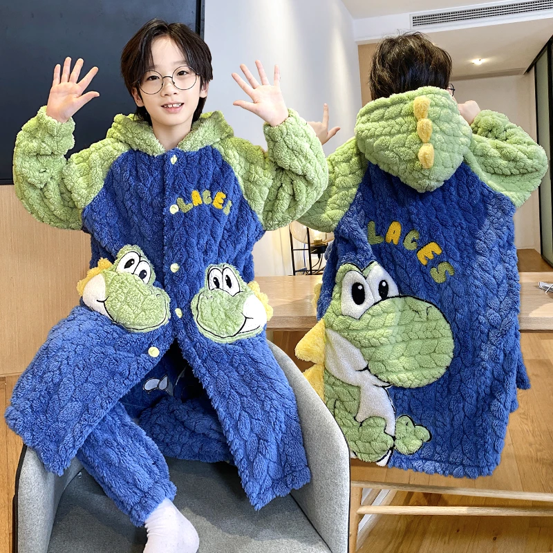 儿童法兰绒睡衣秋冬季加厚保暖珊瑚绒男童中大童长睡袍家居服套装