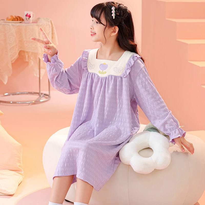 女童睡裙2025新款春秋季棉质长袖儿童睡衣女孩夏天大童洋气家居服