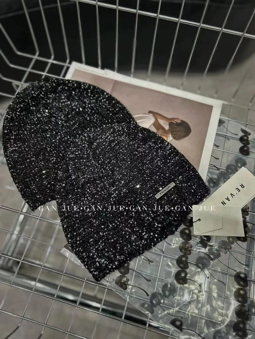 avvenn设计师品牌 黑色 闪片亮片 针织帽