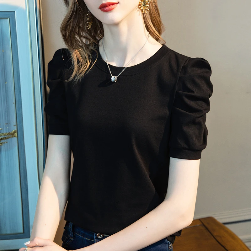 短袖t恤女夏2025新款夏季复古褶皱泡泡袖设计感小众棉体恤上衣