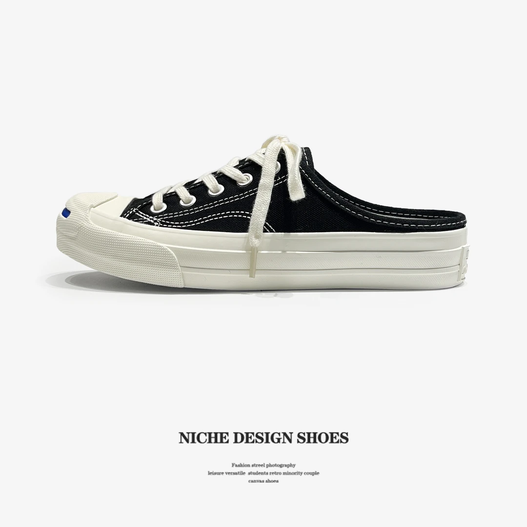 日系开口笑经典黑色半拖一脚蹬帆布鞋女鞋设计感小众百搭懒人女鞋