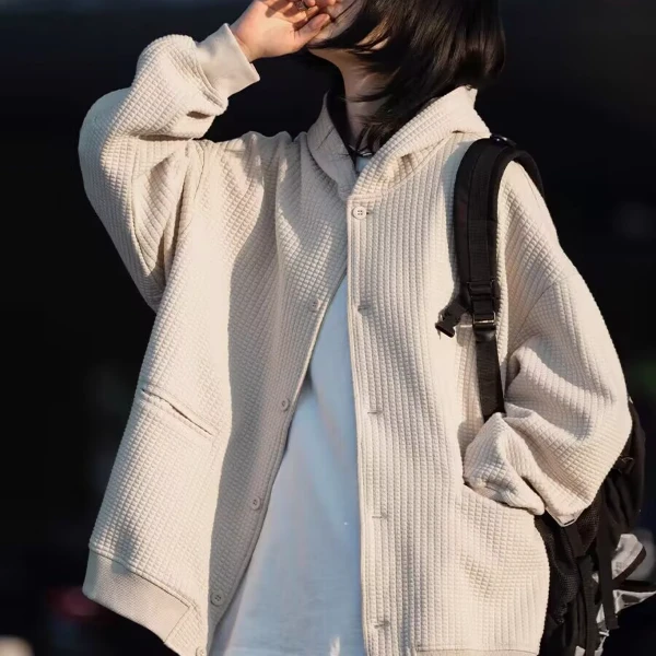 日系复古宽松小众慵懒风时尚加绒连帽华夫格开衫男女卫衣夹克外套