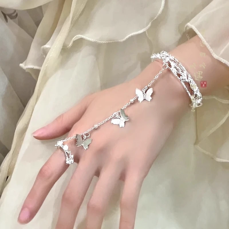 铜合金手链 古风铃铛蝴蝶手链戒指一体式开口手镯女汉服气质手饰
