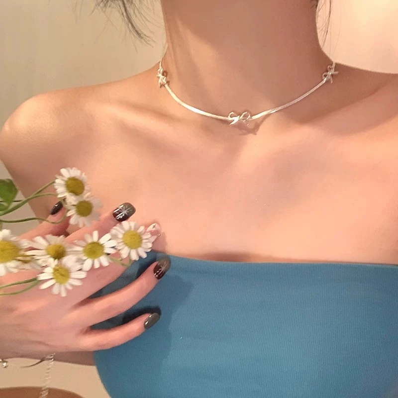 铜合金项链 甜酷银色蝴蝶结choker项链女小计感高级蛇骨链项圈女