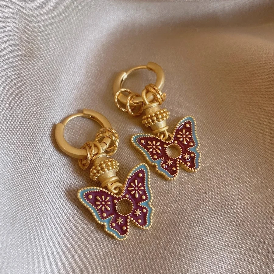 铜合金耳饰 复古彩绘蝴蝶耳环女轻奢高级感新中式国风耳扣耳饰品