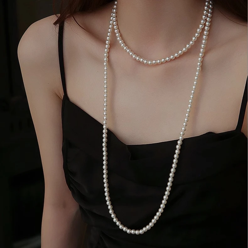 钛钢仿珍珠项链 施家多层叠戴长款仿珍珠项链新中式轻奢妈妈颈链