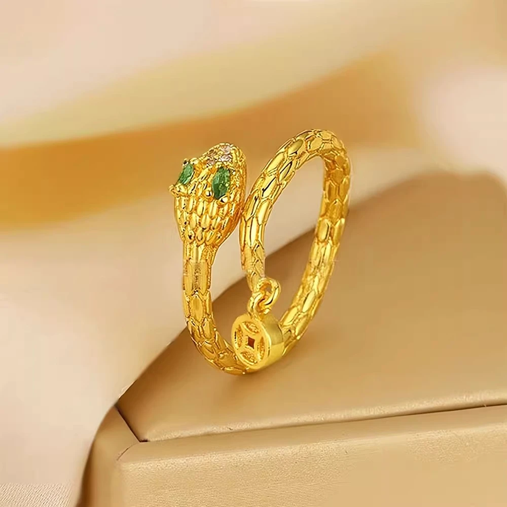 铜合金戒指 2025灵蛇本命年铜钱开口戒指女轻奢高级感复古食指戒