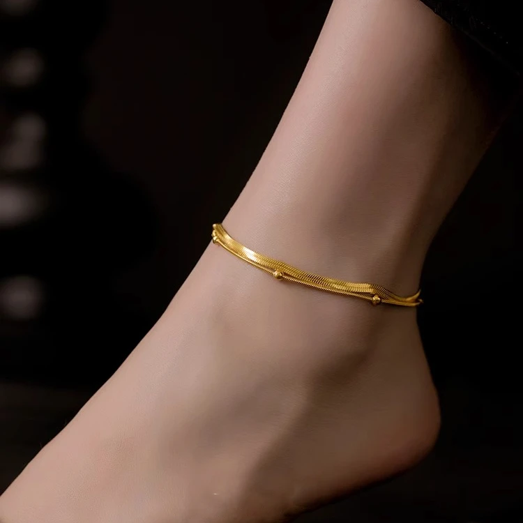 钛钢脚链 时尚双层钛钢脚链女金色显白设计感冷淡风百搭夏季足链