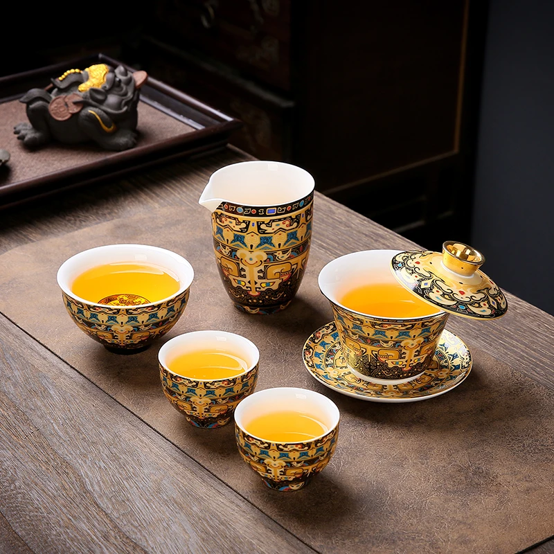 唐卡悬停盖碗套装手工中式家用陶瓷羊脂玉功夫茶具描金茶杯小套组