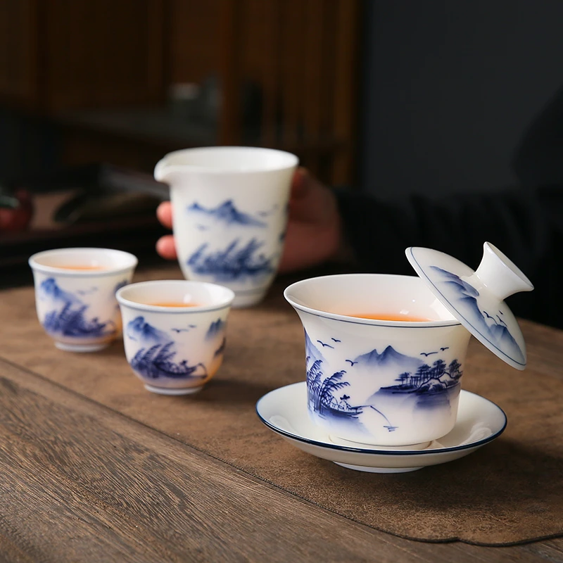 德化白瓷手绘悬停盖碗三才泡茶碗敬茶碗家用陶瓷高档礼品功夫茶具