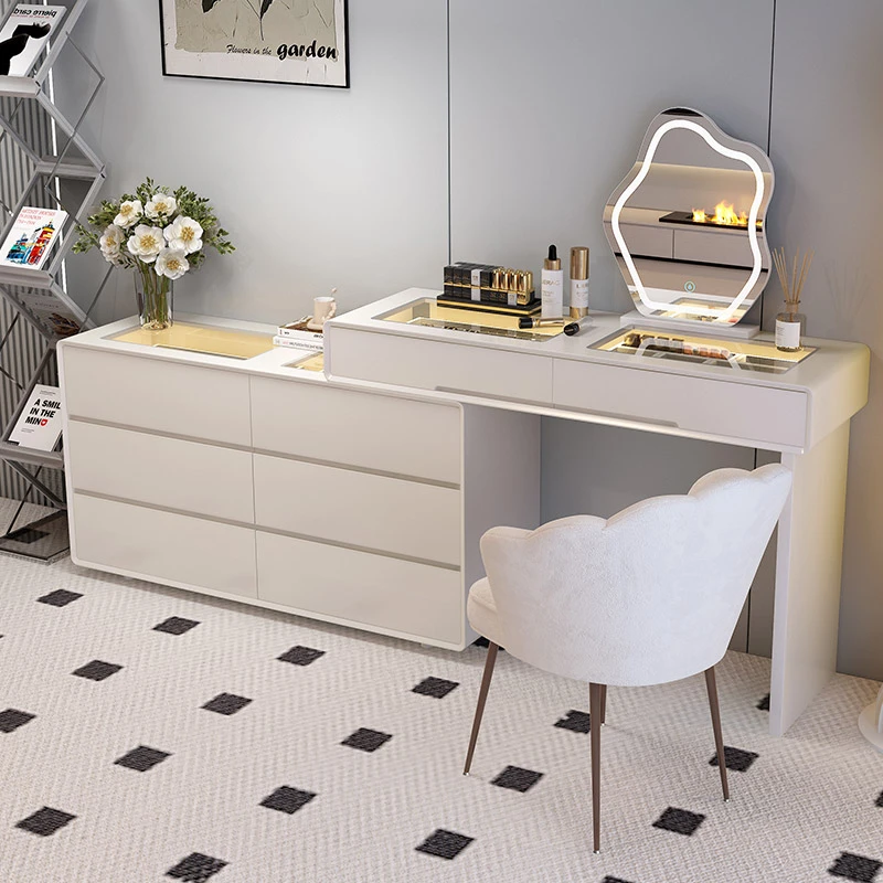 奶油风梳妆台斗柜一体家用简约现代2024新款轻奢实木带灯化妆桌