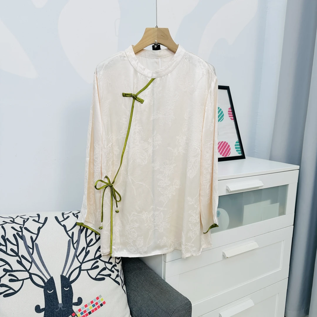 手洗【枝花衫】MY新中式国风人丝提花衬衫斜襟盘扣长袖衬衫2358-6