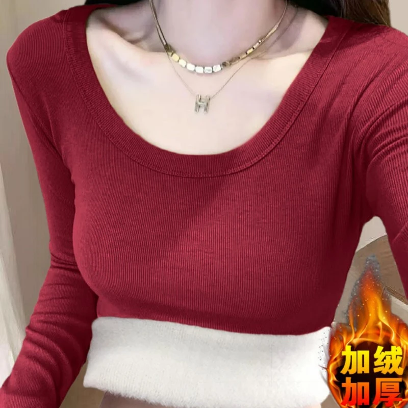 银狐绒冬季新款保暖打底衫内衣女加绒加厚修身内搭圆领长袖恤上衣