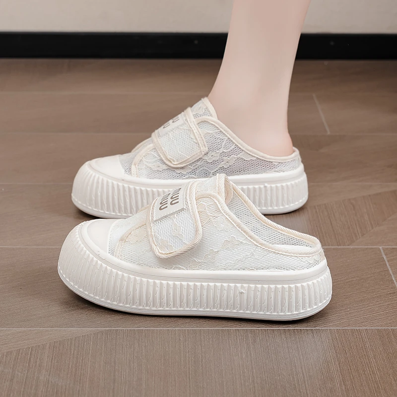 蕾丝凉拖鞋2024夏季新款厚底女鞋网面板鞋外穿包头网鞋百搭半拖鞋
