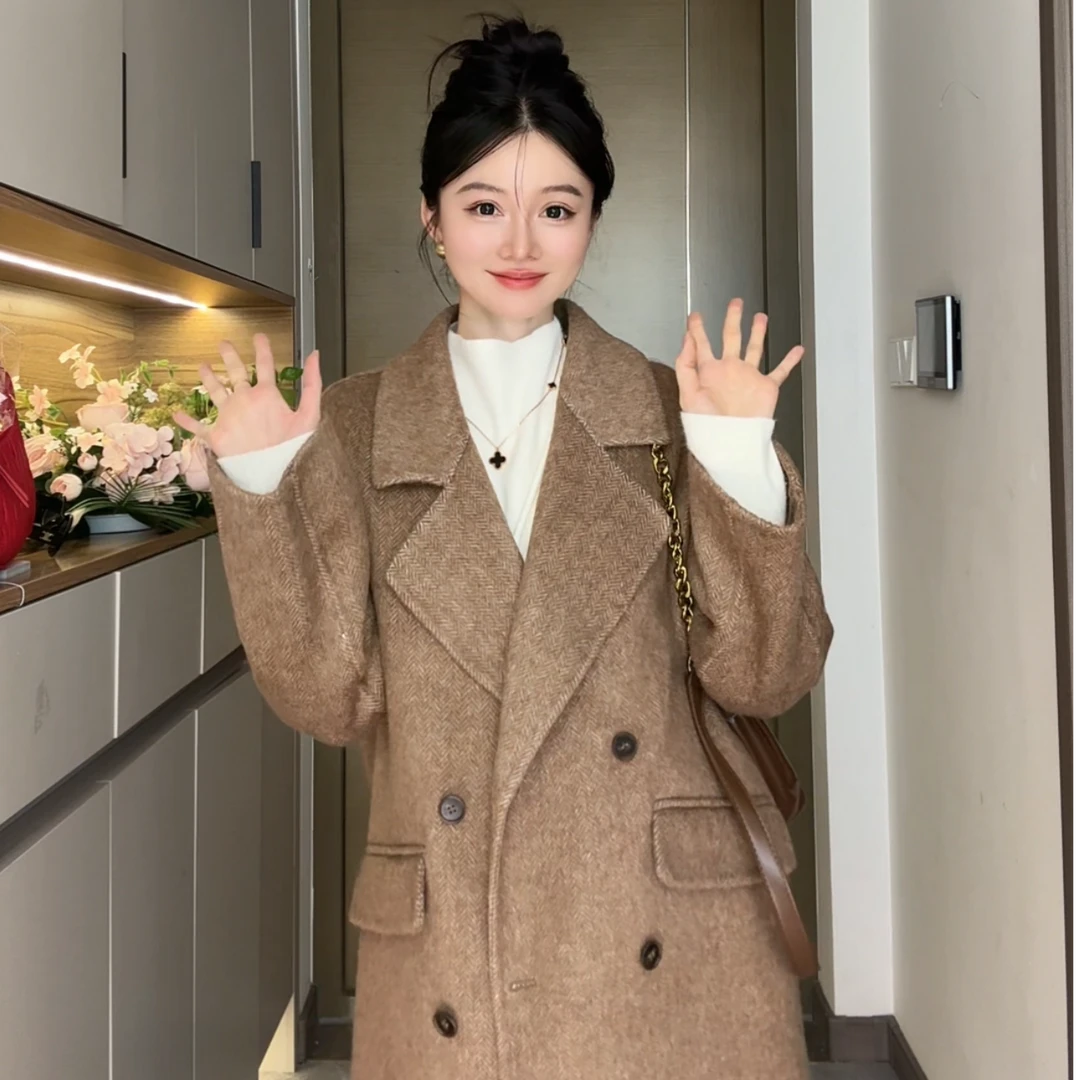 Lu#【织秋意】双面羊毛落肩袖6粒扣人字纹韩版大衣8817