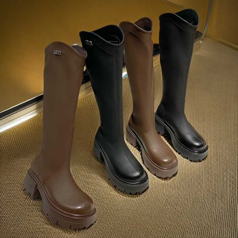 长筒靴女2024秋季新款厚底粗跟小个子不过膝骑士靴显瘦高筒马丁靴