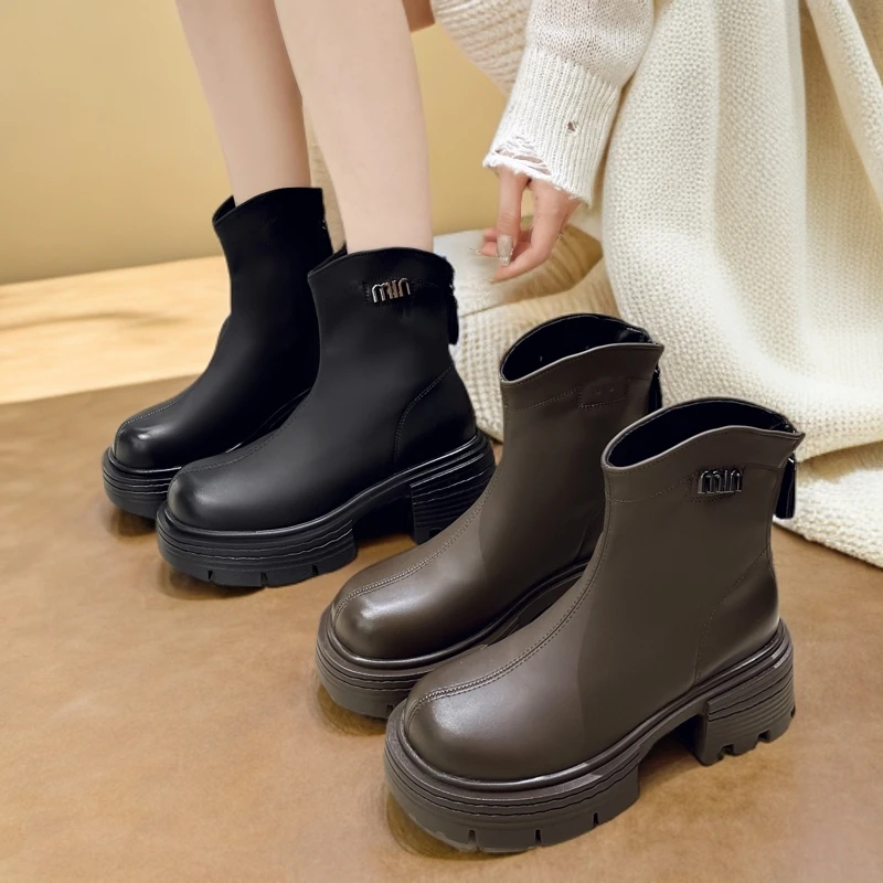 粗跟加绒马丁靴女2024秋冬新款英伦风厚底瘦瘦靴时尚百搭增高短靴