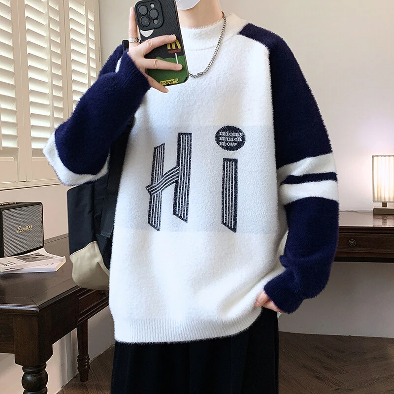 青少年仿水貂绒毛衣男秋冬季加绒加厚打底衣初高中学生大童针织衫