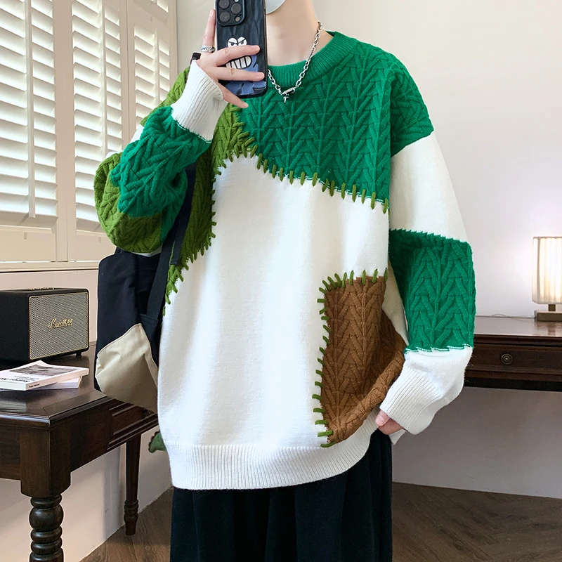 拼接撞色毛衣男冬季美式休闲个性设计感针织衫宽松慵懒风毛线衣