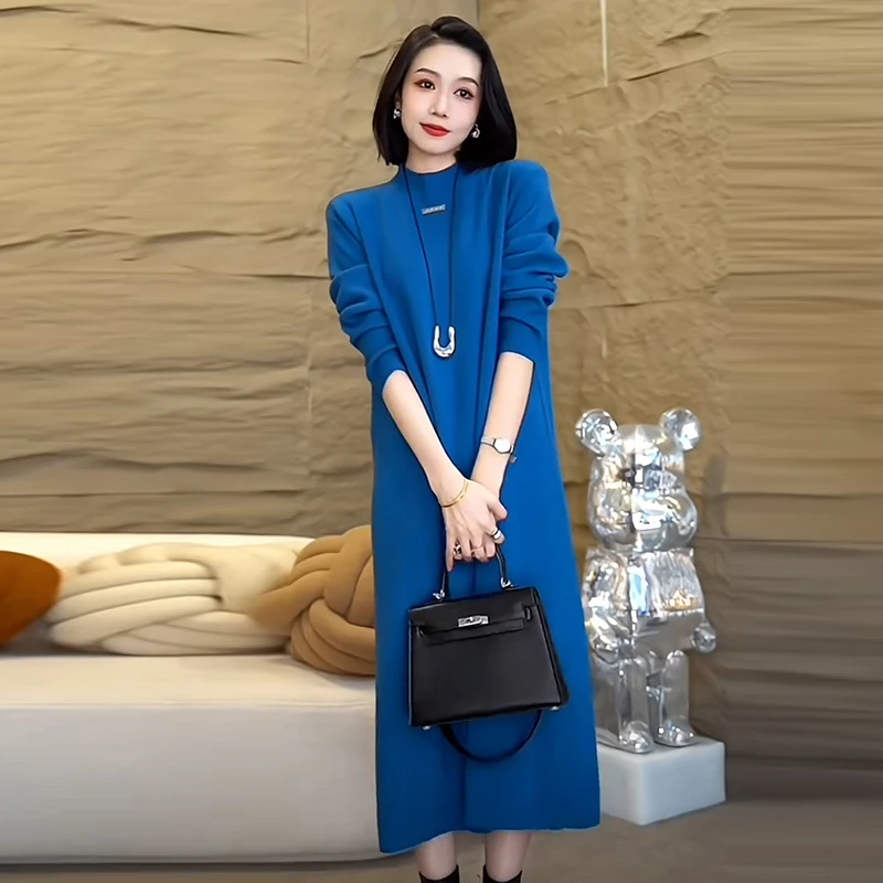 法式高级感长袖连衣裙女秋冬新款气质立领内搭宽松遮肚子针织长裙