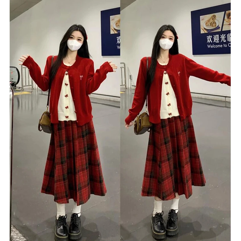 MO88ZSPF大码秋冬胖mm生日节日氛围感红色毛衣毛呢格纹半身裙洋气
