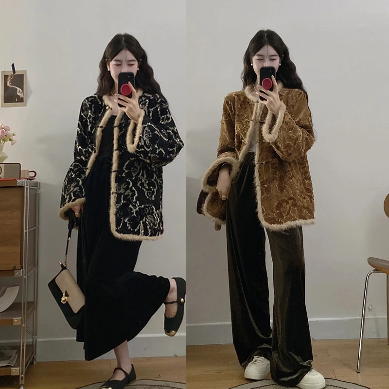 MO88ZSPF大码新中式国风夹棉加厚外套女冬重工上衣+长裤长裙