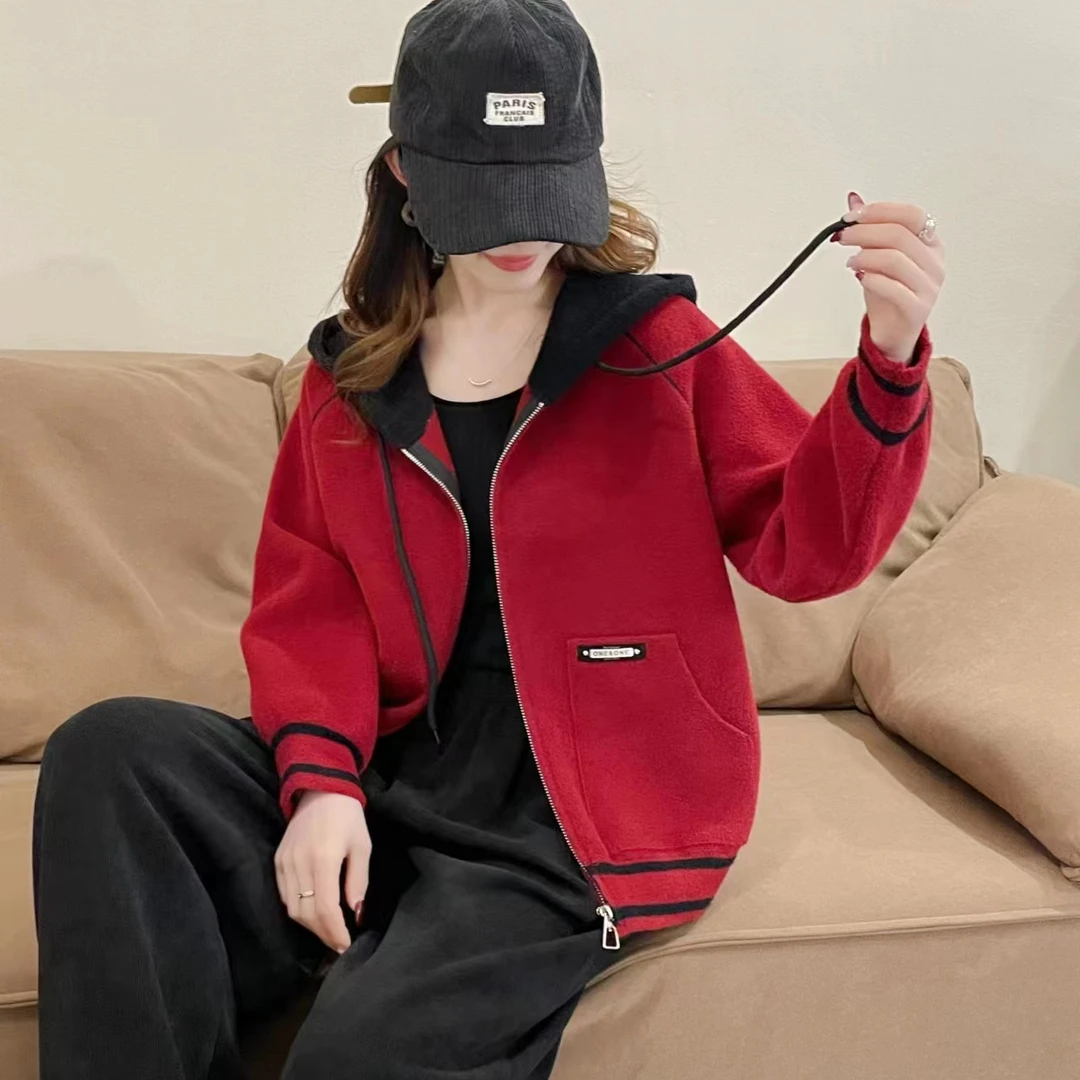 D215女士新款连帽抽绳针织休闲百搭时尚宽松拉链秋季开衫