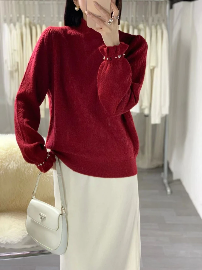 T388女士珠珠时尚网红气质百搭宽松秋冬长袖针织衫