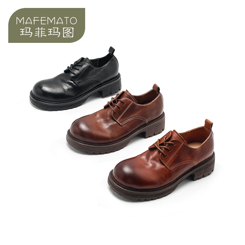 2302-1春季系带洗水马皮女鞋低帮圆头小皮鞋英伦风复古德比鞋
