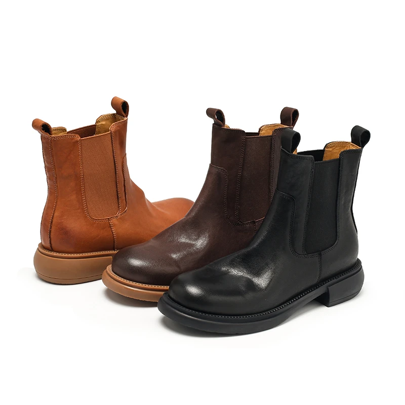 6818-27洗水牛皮秋冬百搭短靴英伦风切尔西靴复古女鞋中跟厚底靴