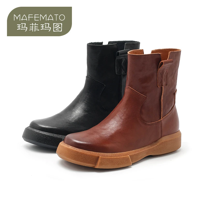 玛菲玛图8021-37头层牛皮马丁靴女英伦风复古短靴平底切尔西靴女
