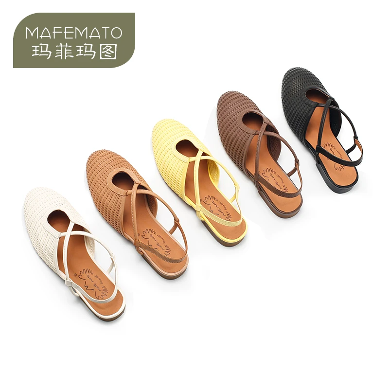 316-1春夏季时尚新品凉鞋中跟编织羊皮半包外穿拖鞋纯色