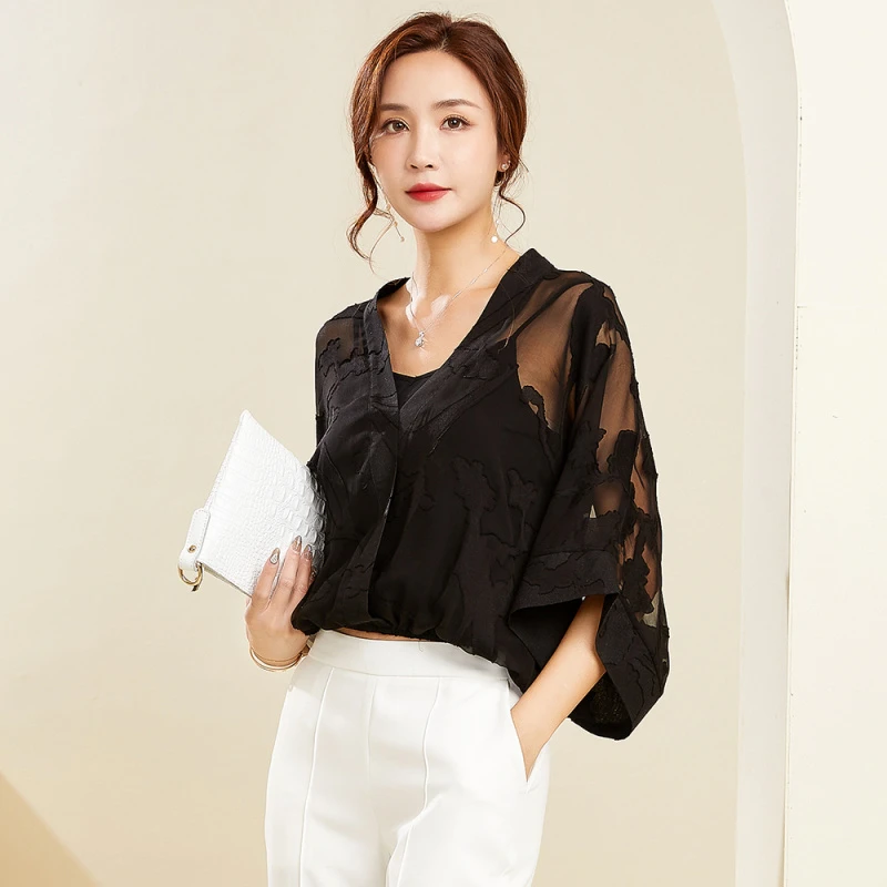 夏季小众新款女装V领假两件宽松上衣纯色剪花无弹气雪纺衫22098
