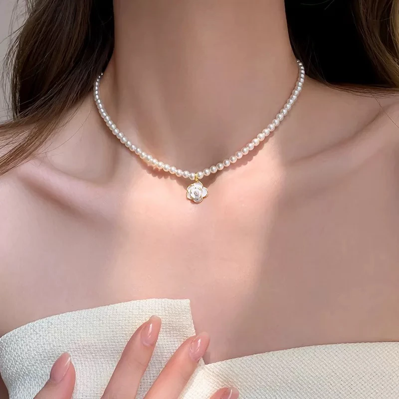 铜合金吊坠 山茶花珍珠项链女0125法式小众高级感项链