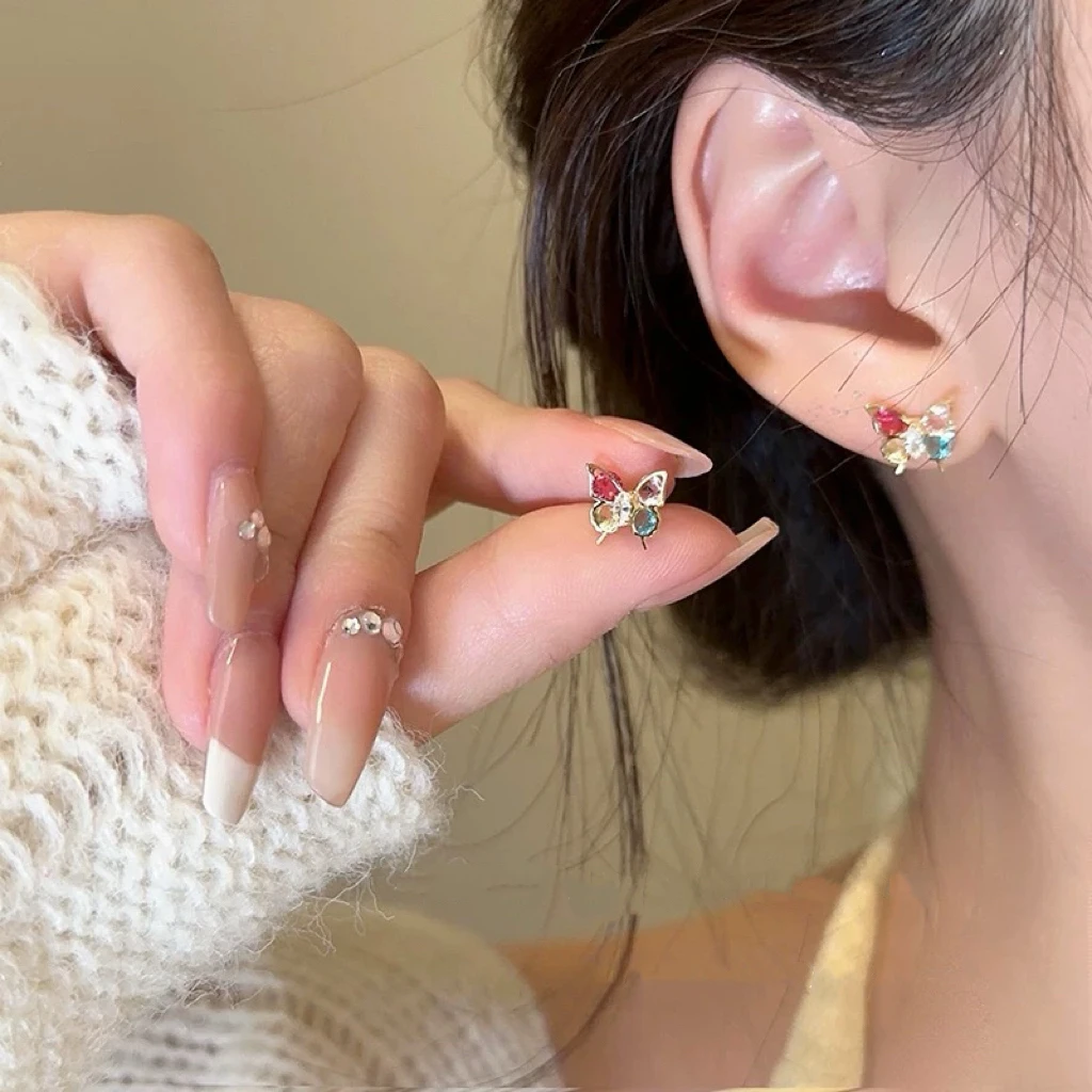 铜合金仿水晶耳饰 5312 彩色锆石蝴蝶精致可爱迷你小巧百搭耳钉