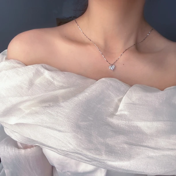 铜合金项链 5561银色镶嵌锆石爱心爆闪简约精致高级气质百搭项链