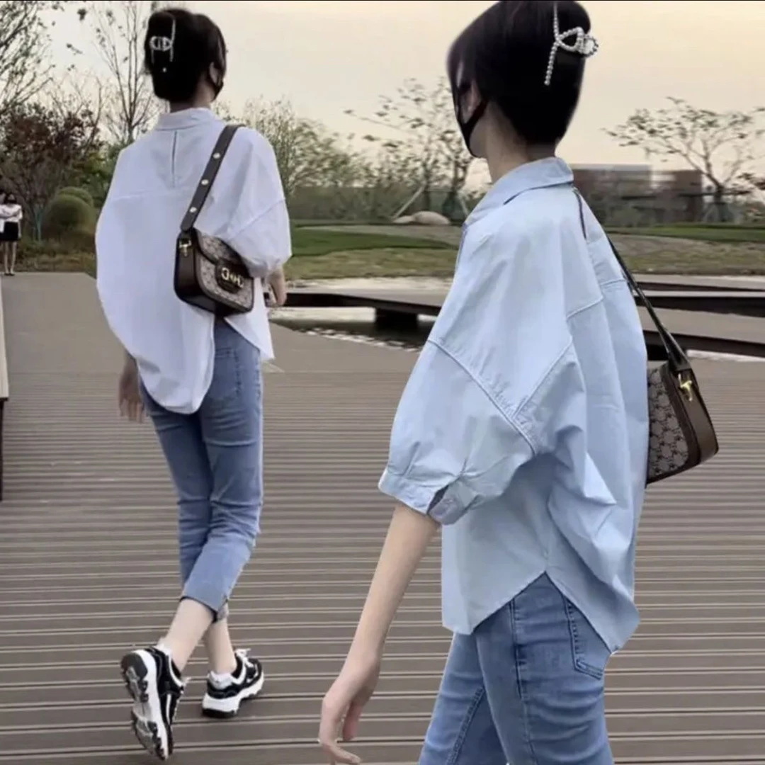 纯棉宽松五分袖衬衫女士上衣春夏季时尚洋气小衫百搭中袖衬衣外套