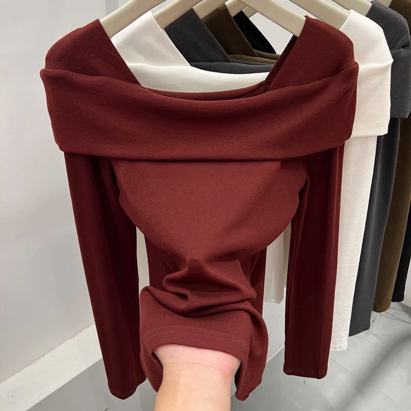 设计感方领露背长袖T恤女早秋新款洋气时尚内搭打底衫上衣潮