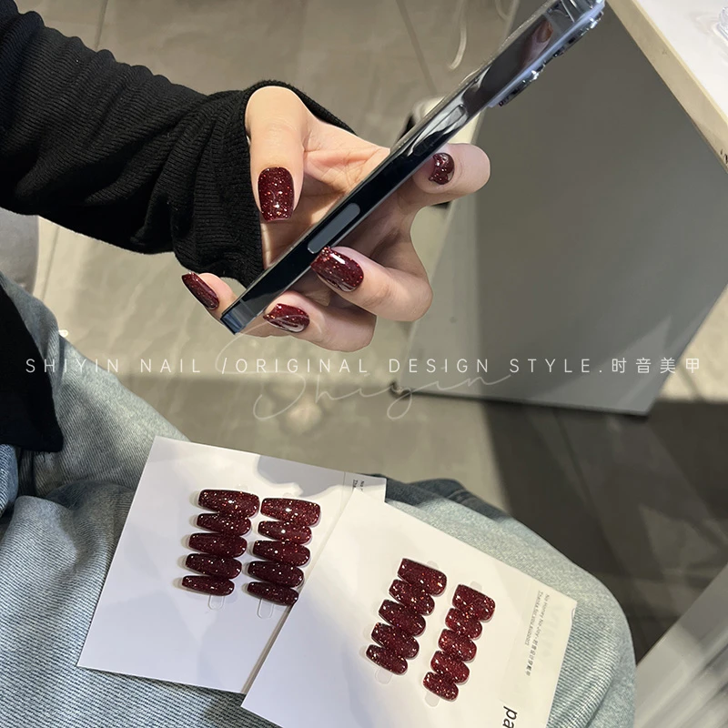 A271 午夜酒红碎钻穿戴甲时音纯手工显白美甲可拆卸成品指甲贴