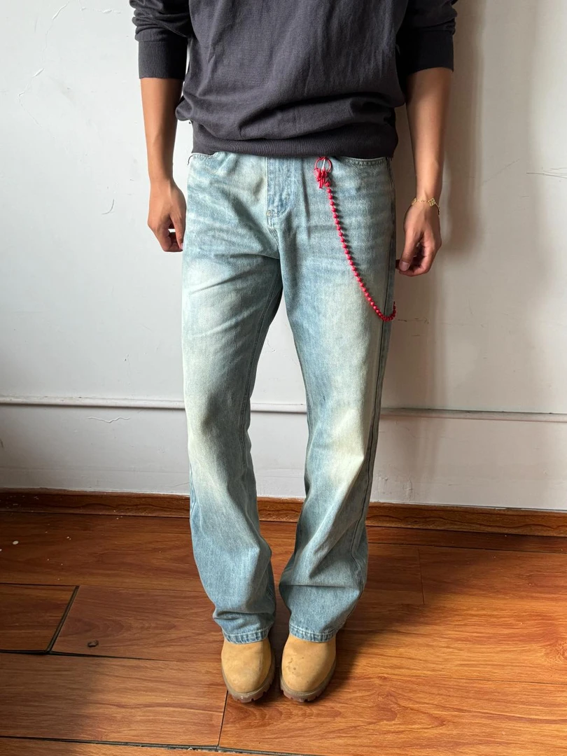 Ttstudio水洗剪裁做旧冰蓝奶油517猫抓痕微喇cleanfit牛仔裤