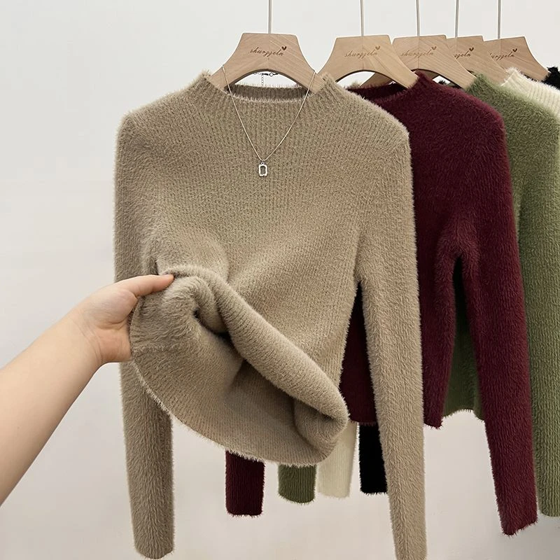 新款水貂毛绒打底衫女冬季保暖毛衣修身内搭一体加厚纯色百搭上衣