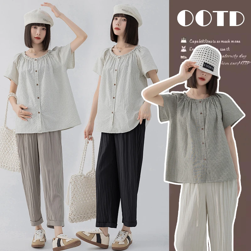 【晴晴】孕妇装衬衫夏季2024新款时尚大码文艺休闲百搭上衣+九分裤