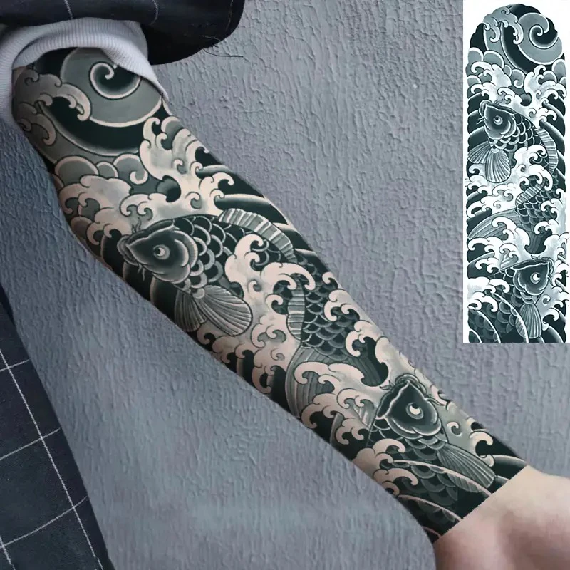 海浪鲤鱼全臂纹身贴男女大花臂老传统仿真黑灰色樱花防水持久仿真