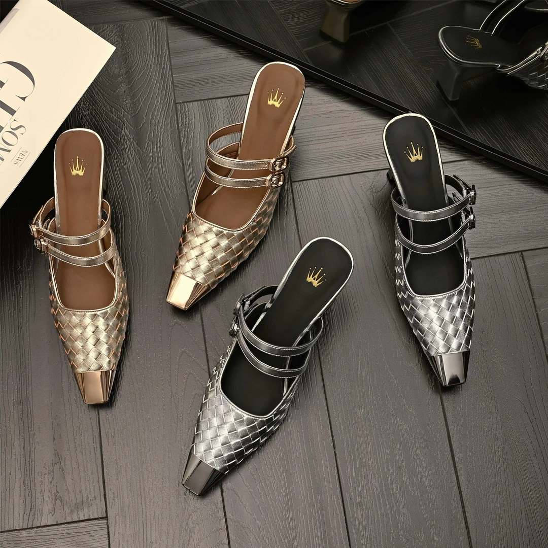 VS专属春夏气质网红百搭编织一字带法式方头牛皮一脚蹬拖鞋018