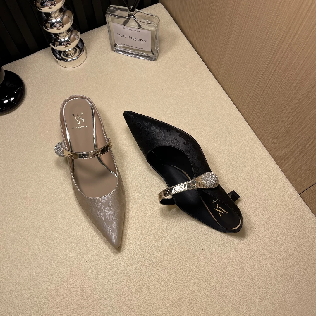 【微时尚】气质春夏尖头低跟百搭网红穆勒拖浅口丝绸牛皮ZT005