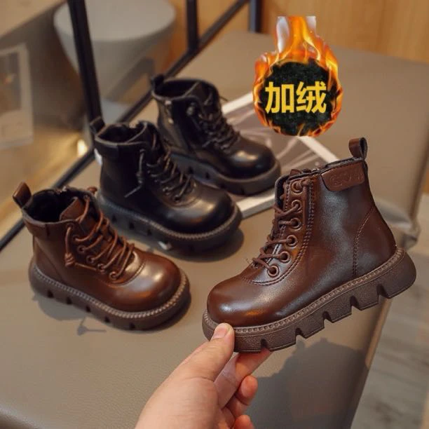 2025春季新款儿童韩版马丁靴加绒防滑英伦风时尚薄绒马丁靴