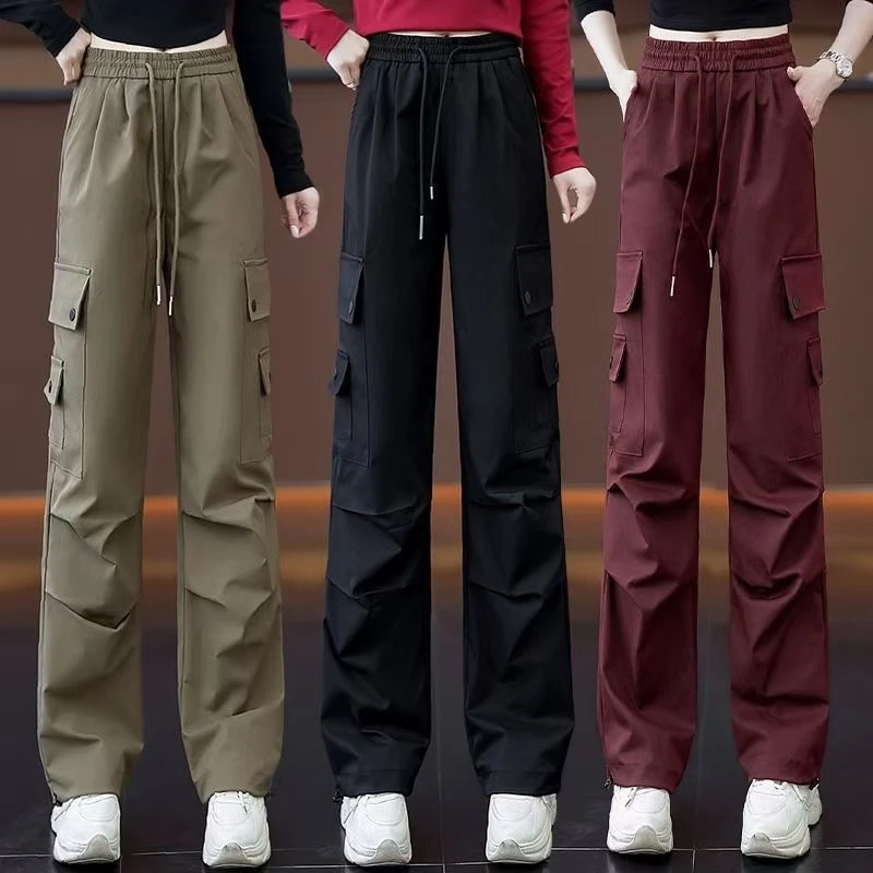 美式工装裤女春秋季2024新款高腰显瘦垂感阔腿裤大口袋休闲运动裤