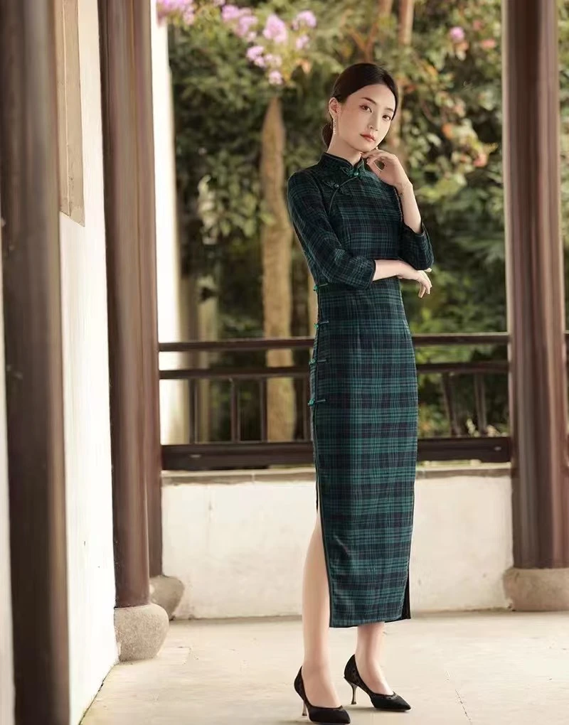 旗袍 长款 秋款 七分袖 文艺款（衣长约125cm）北巷 （绿格） C368